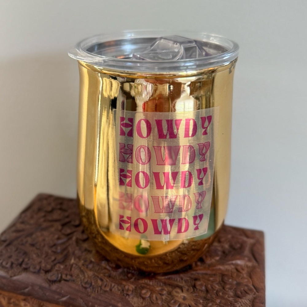 HOWDY HONEY Gold Tumbler with Pink Text Western Glam Nashville Bachelorette